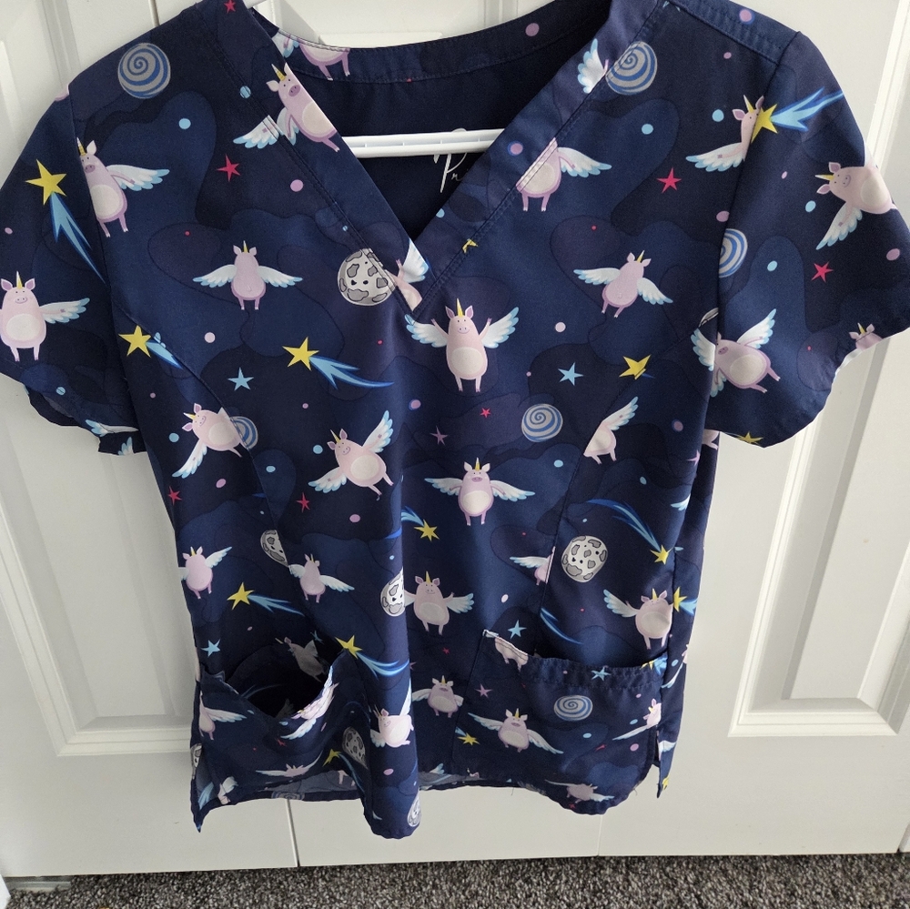 Navy Blue Scrub Top with Celestial Print